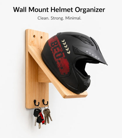 Wall Mount Wooden Helmet Organizer with Key Hooks